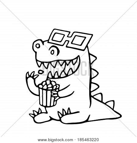Cartoon dragon in stereo glasses and a box of popcorn. Vector illustration. Funny cute imaginary character.