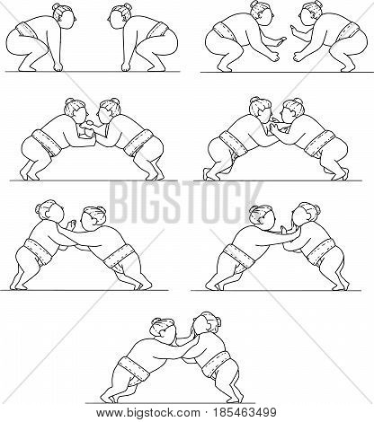 Collection set of illustrations of a Japanese rikishi or wrestlers engaging in a match bout of Sumo or sumo wrestling competitive full-contact wrestling sport viewed in different movements done in mono line style.