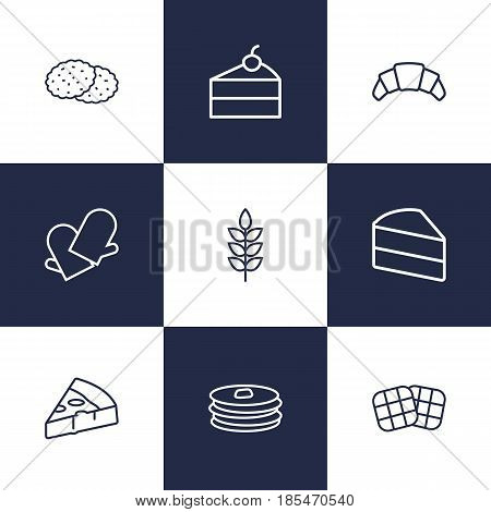 Set Of 9 Cook Outline Icons Set.Collection Of Cake, Wheat, Gloves And Other Elements.
