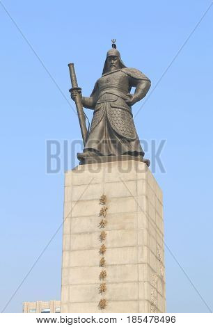 SEOUL SOUTH KOREA - OCTOBER 20, 2016: Admiral Yi Su Shin Monument in Seoul South Korea. Yi Sun Shin was a Korean naval commander famed for his victories against the Japanese navy during the Imjin war.