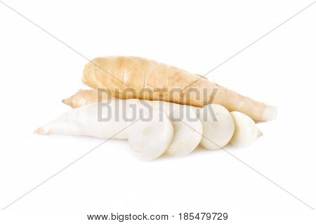 raw arrow-root or maranta on white background