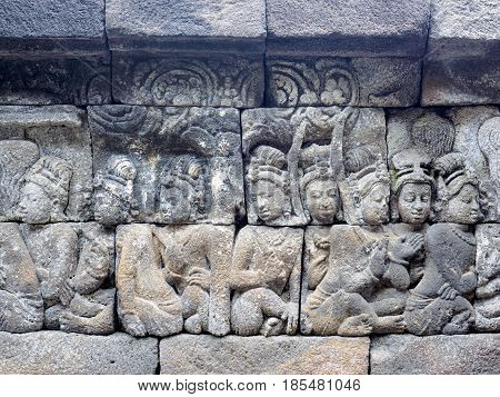 The 9th-century stone carving at BorobudurTemple telling the story of Buddhism in Magelang Regency near Yogyakarta Indonesia