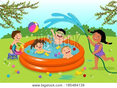 Joyful kids playing in inflatable pool in the backyard