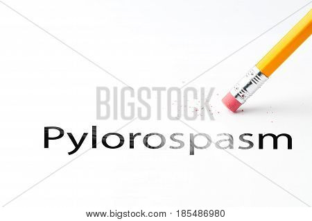 Closeup of pencil eraser and black pylorospasm text. Pylorospasm. Pencil with eraser.