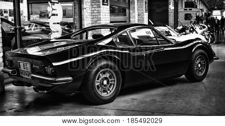BERLIN - MAY 11: Sports Car Ferrari Dino 246 GTS rear view (black and white) 26th Oldtimer-Tage Berlin-Brandenburg May 11 2013 Berlin Germany