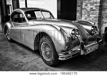 BERLIN - MAY 11: Sport car Jaguar XK140 coupe (black and white) 26th Oldtimer-Tage Berlin-Brandenburg May 11 2013 Berlin Germany