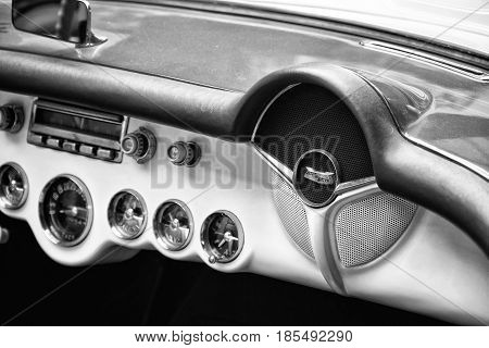 BERLIN - MAY 11: Front passenger sports car Chevrolet Corvette (C1) 1954 black and white 26th Oldtimer-Tage Berlin-Brandenburg May 11 2013 Berlin Germany