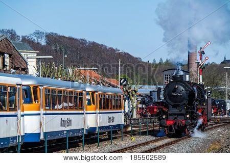 BOCHUM , GERMANY - APRIL 18 2015 : Steam train passing the station in Bochum-Dahlhausen
