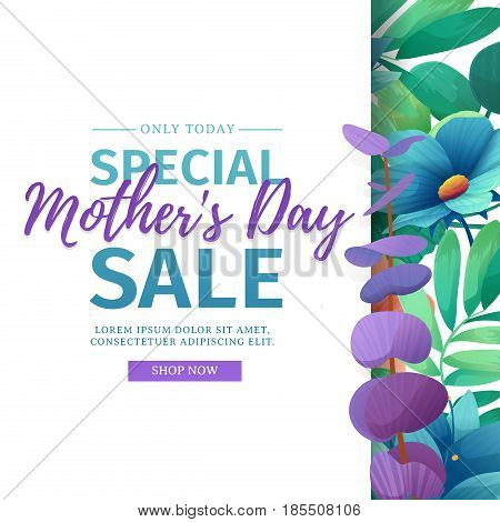 Template design discount banner for happy mother's day. Square poster for special mother's day sale with flower decoration.  Square layout on natural, floral background. Vector