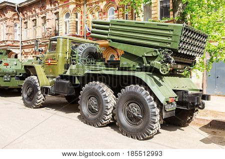 Samara Russia - May 6 2017: BM-21 Grad 122-mm Multiple Rocket Launcher on Ural-375D chassis at the city street in Samara Russia