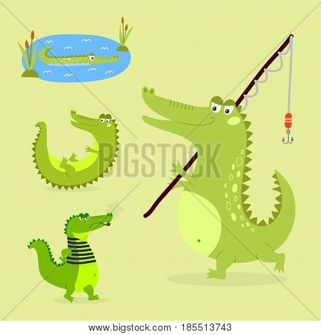 Cartoon green crocodile funny predator and australian wildlife river reptile carnivore alligator scales teeth flat vector illustration. Tropical africa safari zoo character crocodylus.