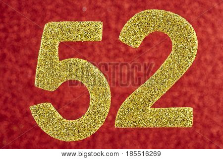 Number fifty-two yellow over a red background. Anniversary. Horizontal