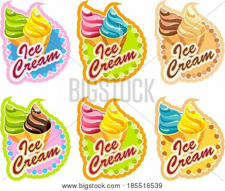 Vector set of emblem of multi-colored ice cream with different flavors on white background label menu