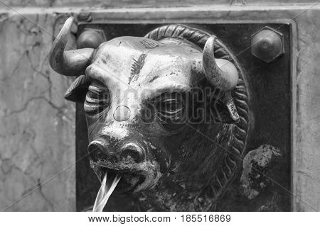 Bull head fountain detail in Teruel. Torico plaza. Tourism Spain. Horizontal