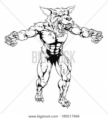 A black and white wolf man, werewolf or wolf sports mascot character with claws out