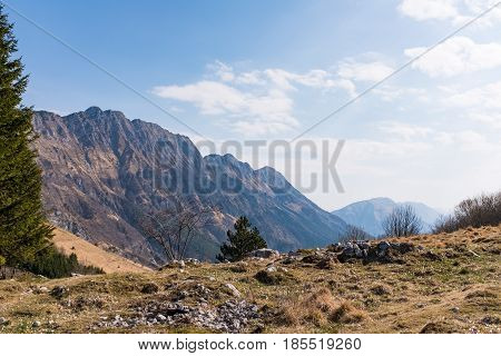 View from Monte Chiampon to Monte Ambruseit in Italy in spring