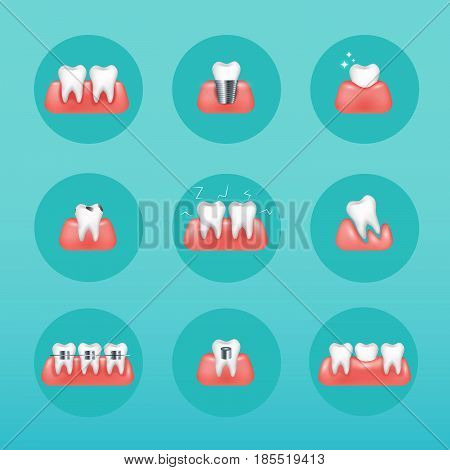 Types of dental clinic services. Stomatology and dental procedures flat icons. Toothcare vector illustration. Flat design style modern vector illustration concept.
