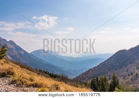 Julian Alps in Slowenia view from Monte Chiampon in Italy in spring
