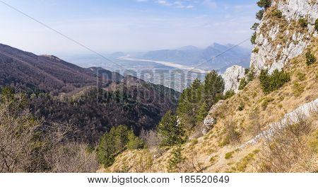 View from Monte Chiampon to plain of Friuli-Venezia Giulia in Italy in spring