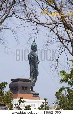 The old buddha statue stand on lotus in Thailand.