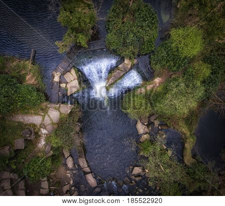 Aerial view of the waterfalls at Penllergare woods, Swansea, UK