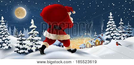 background winter landscape with Santa Claus in the foreground. Greeting card with snowy Christmas night.