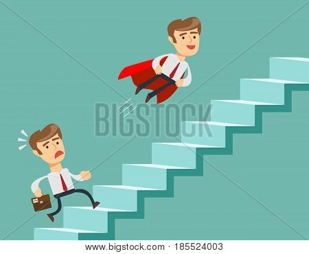 Super businessman in red cape flying pass another businessman climbing stairs. Business competition concept.