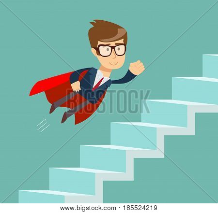 Flying Super businessman in red cape climbing stairs. Business competition concept.