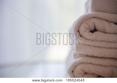 Closeup   pile White towels in the room for background .