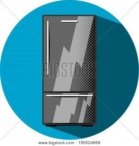 Black refrigerator with freezer. Kitchen appliance flat style vector illustration. Black elegant fridge with freezer. Smart fridge electric equipment. Modern home appliance. White goods shopping icon