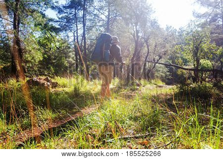 Hiking in famous Lycian Way in the Turkey. Backpacker in the trail.