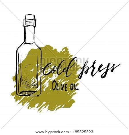 Set of hand drawn vector illustration and lettering olive oil olive branch and bottle for olive oil labels restaurant natural products. perfect stickers and badges for your business