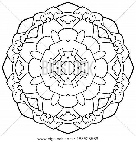 Monochrome mandala. Symmetrical pattern in the circle. Illustration for the album. Eastern ornamental ornament. Beautiful outline for coloring.