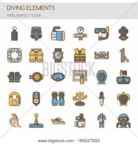 Diving Elements ,Thin Line and Pixel Perfect Icons