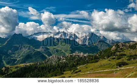 Panoramic view from the top of the Marmolada . Dolomites. South Tyrol. Italy