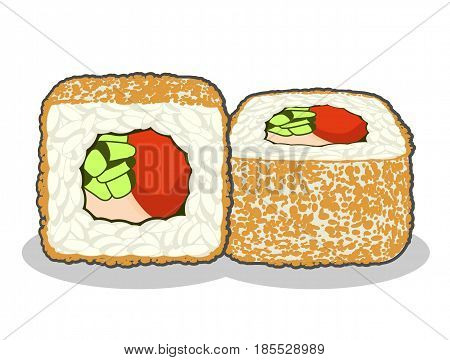 Two pieces of the curly dragon sushi roll with cucumber, nori, salmon fish, tuna flakes and cream cheese. Vector illustration isolated on a white background.