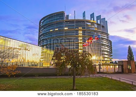 Flags of European Union countries before the European Parliament building in Strasbourg