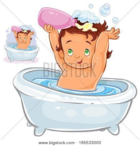 Vector clip-art illustration of a small child sitting in the bathroom and pouring shampoo on his head. Print, template, design element