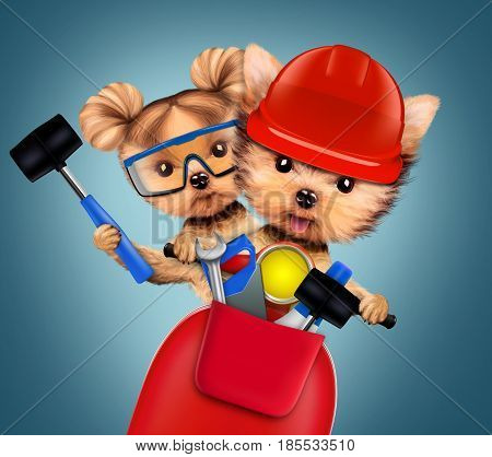 Funny couple of puppies with hard hat, protective goggles, hammer and scooter, isolated on white. Teamwork and cooperation concept. Realistic 3D illustration