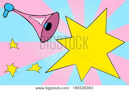 Toy megaphone with blank text bubble. Blank text bubble vector illustration with pink megaphone and stars. Shop sale banner template with empty text place. Cartoon megaphone in retro pop art style