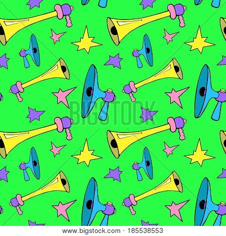 Bright megaphones and stars seamless pattern. Handdrawn retro megaphones vector pattern tile. Green and yellow child or nursery wallpaper. Child birthday gift wrapping paper. Sweet baby shower pattern