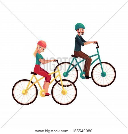Young couple, man and woman, riding bicycles, cycling in helmets together, cartoon vector illustration isolated on white background. Full length, side view portrait of young couple riding bicycles
