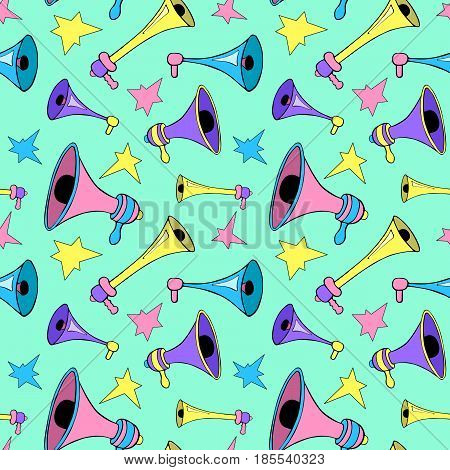 Colorful megaphones and stars seamless pattern. Handdrawn retro megaphones vector pattern tile. Candy colored child or nursery wallpaper. Child birthday gift wrapping paper. Sweet baby shower pattern