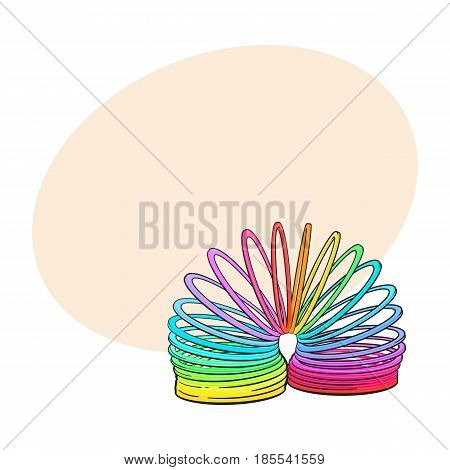Rainbow colored plastic spring, spiral toy, sketch style, hand drawn illustration with space for text. Realistic hand drawn, sketch style retro, vintage rainbow colored plastic spring toy