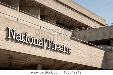 LONDON UK - 6 APRIL 2017: Detail on the signage and Brutalist architecture of the National Theatre one of the UK's most prominent performing arts venues which is part of the South Bank Centre London.