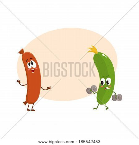 Funny food characters, zuccini versus sausage, healthy lifestyle concept, cartoon vector illustration with space for text. Zuccini doing fitness and laughing sausage characters, mascots