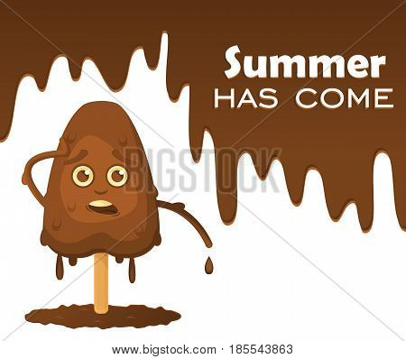 Melting chocolate ice cream on a stick with emotions. Melting chocolate with drops text on the object 