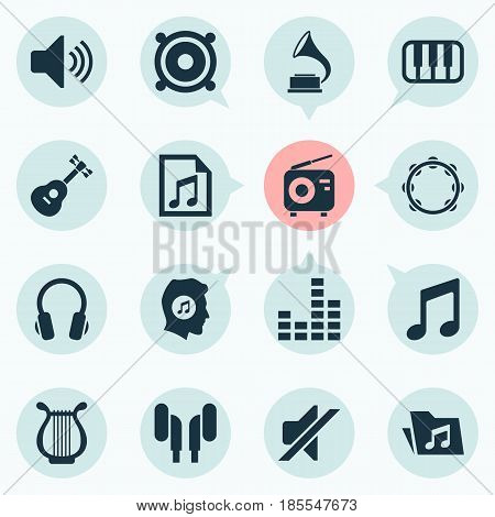 Multimedia Icons Set. Collection Of Music, Equalizer, Tuner And Other Elements. Also Includes Symbols Such As Earphone, Equalizer, Guitar.