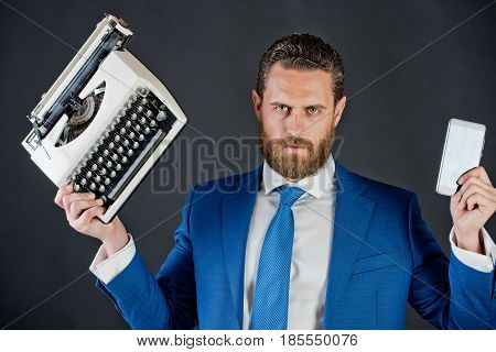 Business Man In Blue Suit And Tie With Typewriter, Card