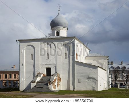The old Uspenskaya Church closeup. Veliky Novgorod, Russia